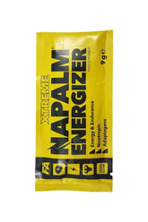 FA Xtreme Napalm Energizer sample packet, energy and endurance booster in yellow packaging.